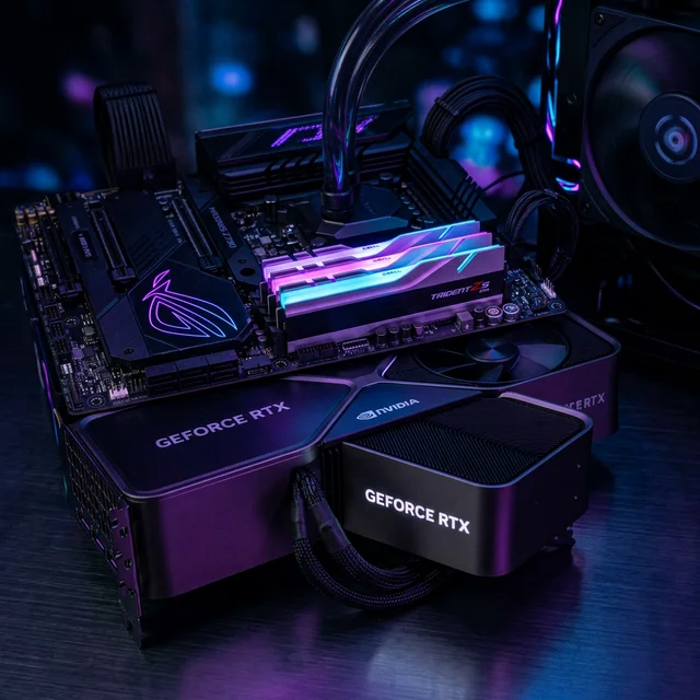 High-end gaming PC components RTX GPU RAM and motherboard with RGB