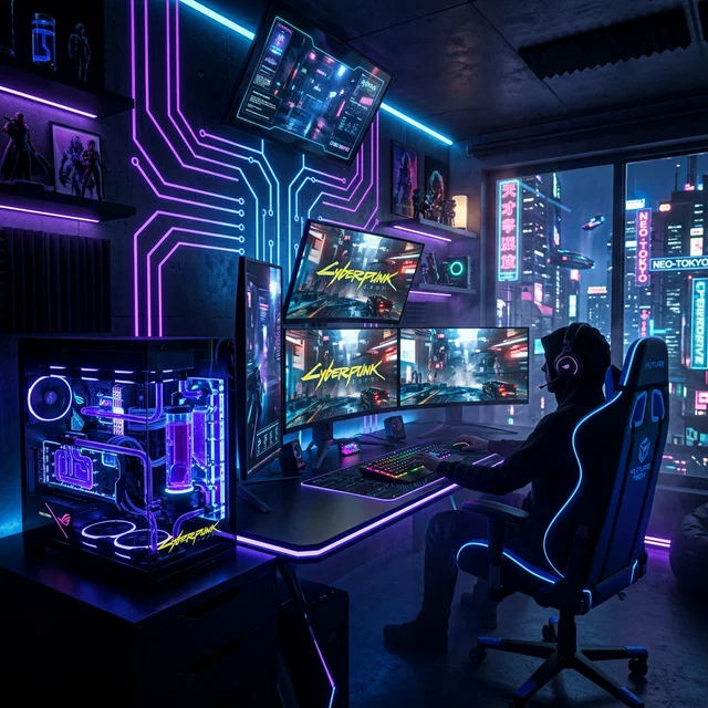 Futuristic gaming room with RGB lighting multiple screens and gaming chair