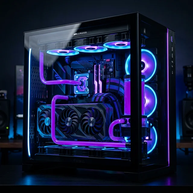 Custom built RGB gaming PC with liquid cooling and RTX GPU